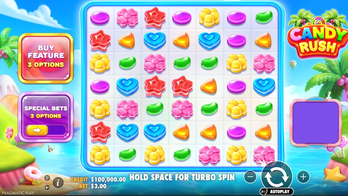 Tangkapan layar permainan slot Candy Rush dengan grid 7x7 penuh permen warna-warni dan latar belakang dunia fantasi manis.
