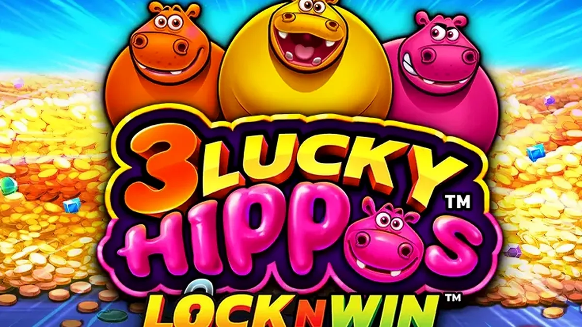 Tiga kuda nil beruntung tersenyum di gulungan slot 3 Lucky Hippos, dikelilingi oleh simbol-simbol cerah bertema hutan.