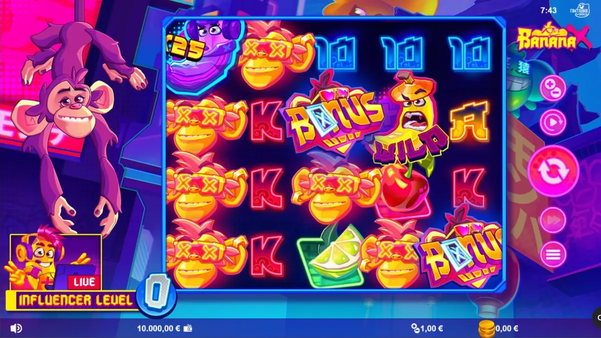 Tampilan visual neon dan karakter influencer dalam slot Banana X
